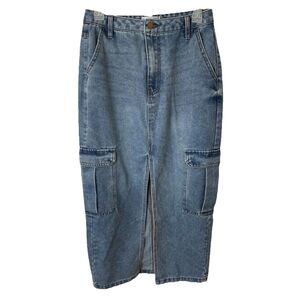 Love Fire Denim Cargo Skirt Size 5 Front Slit Pockets Blue Medium Wash Midi Maxi